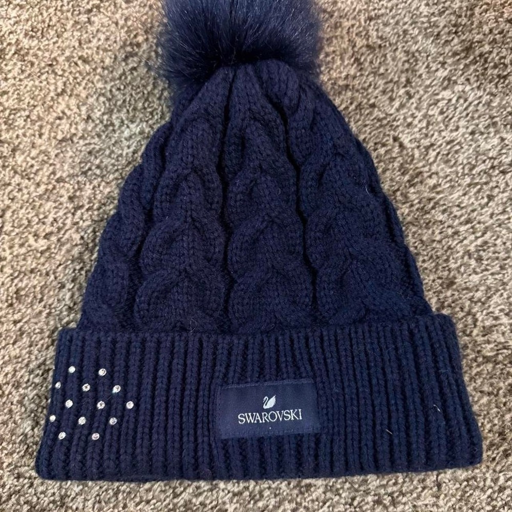 Swarovski Navy Blue Cable Knit Beanie Faux Fur PomPom Crystal Embellished Hat OS